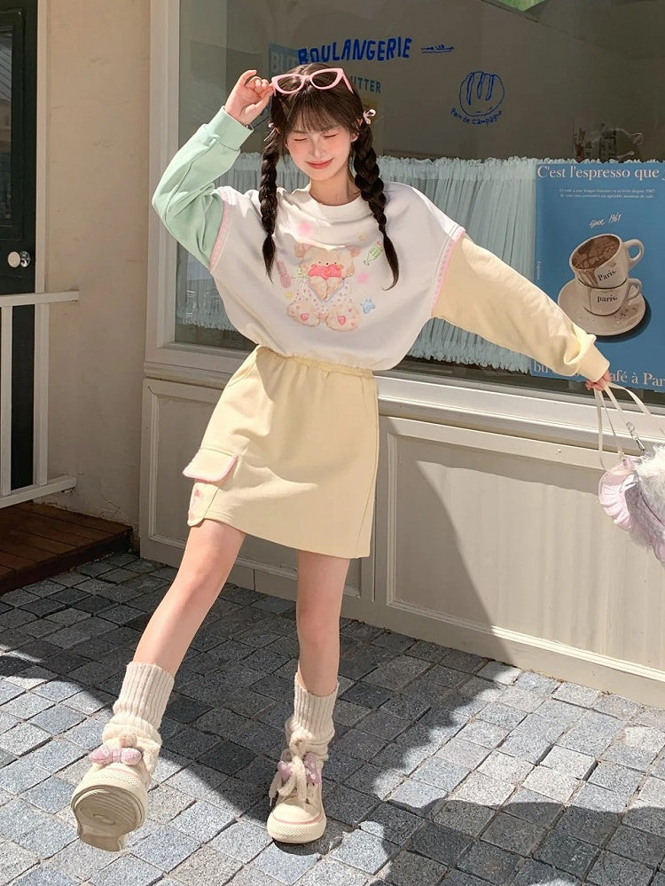 Green Teddy Bear Print Drawstring Sweatshirt Hem Yellow Design Colorblock Autumn and