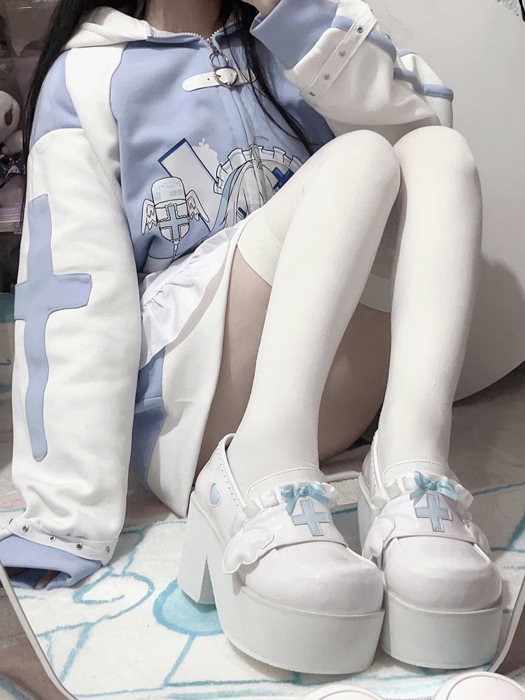 Tenshi Kaiwai Hellblaue Yami Kawaii Cross-Bowknot-Plateau-Loafer