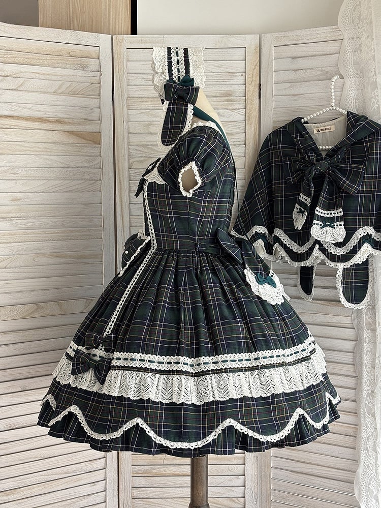 und Kleid karierte Puffärmel mit Akzenten Lolita-Schleife gewellter Rand süßes Grün