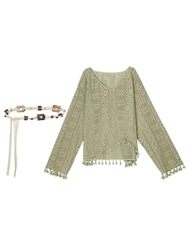 Hem Top with Belt Bohemian Green V-neck Tassels