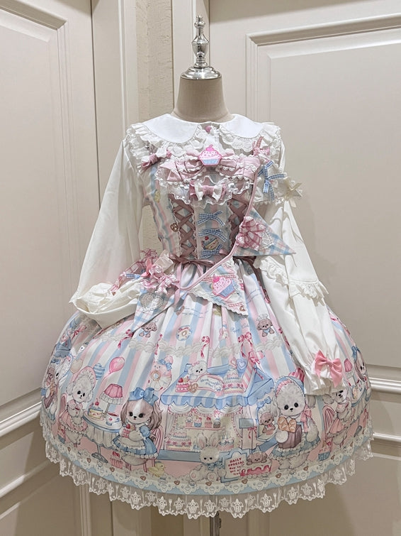 Puppy's Lolita Sweet Print Dress Afternoon with Ribbon Flags Tea
