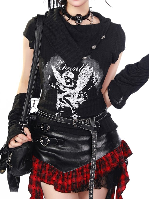 Dark Aesthetic Black Knit T-shirt with Angel Print