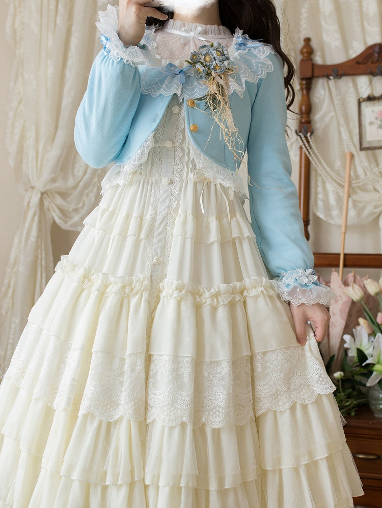 with Cropped Lace Autumn Baby Lolita Blue Cardigan Bow and Accents Trim