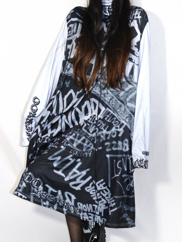 Fashion Print Gyaru Gray Letter Dress