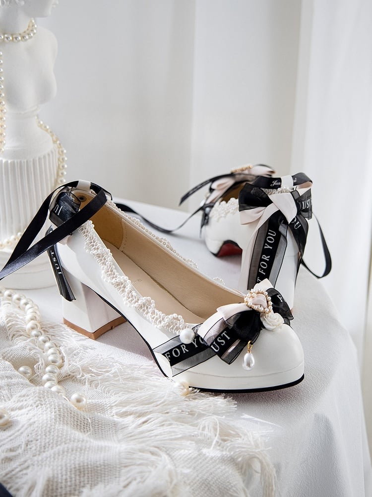 Top White Design Block Beaded Lolita Bow Heels Decorated at 5CM Heart Shoes