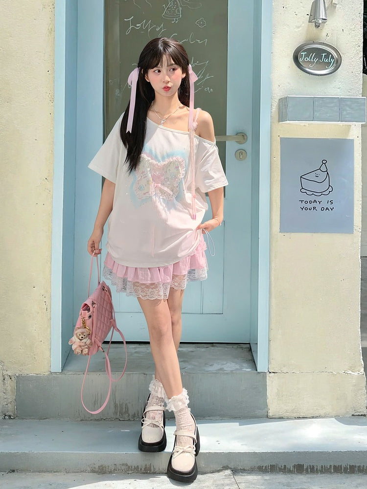 Sequins Decorated Lace-up Butterfly White Asymmetrical Neckline T-shirt Detail
