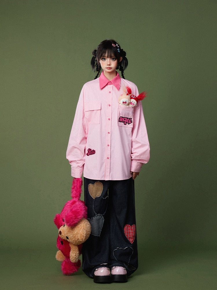 Collar Shirt with Letter Embroidered Patches Contrast Pink