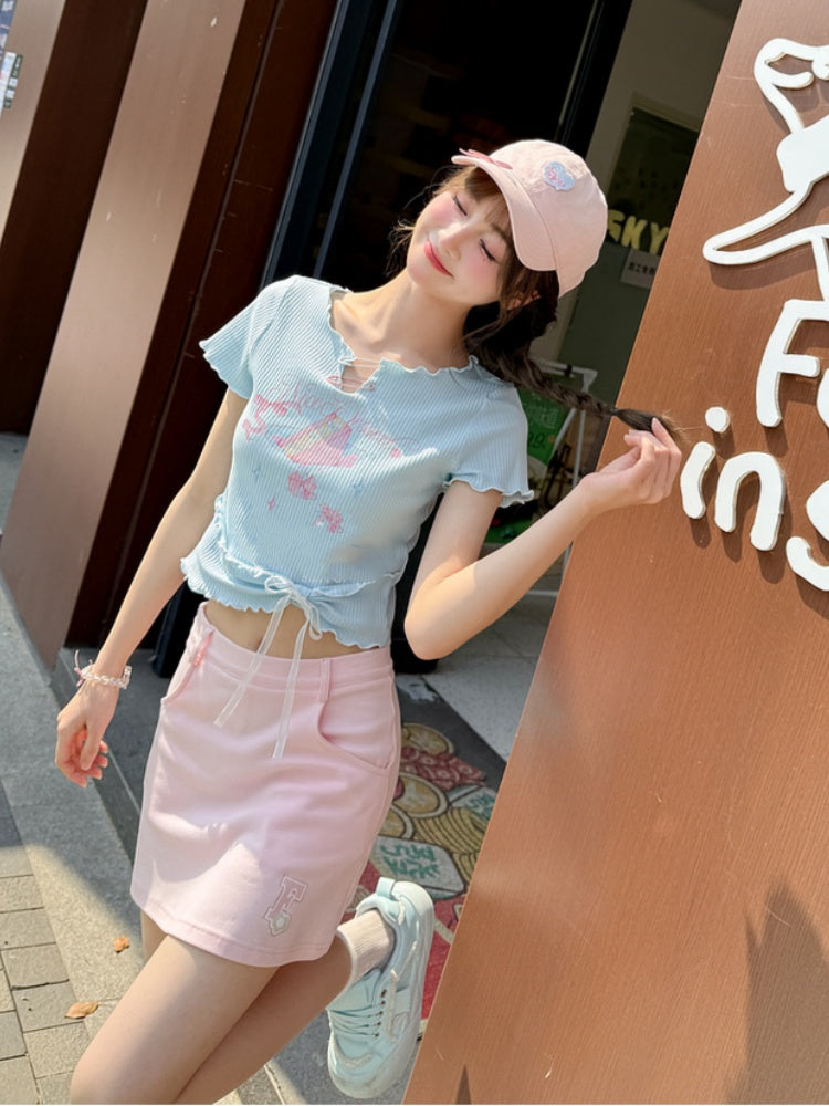 Neckline Pin Sweet T-Shirt Pink/Blue Cake Print Details Hem Lettuce Hem Big Bow
