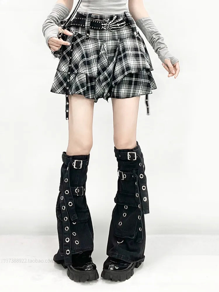 Straps Handkerchief Leg Black + Hem Buckle White Warmers Skirt Plaid