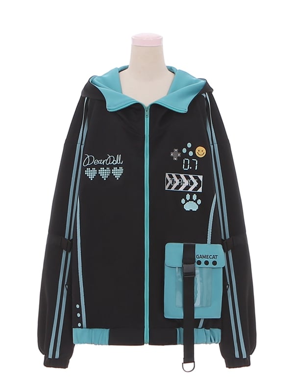 Hooded Techwear Black Futuristic Jacket Blue and Cyberpunk