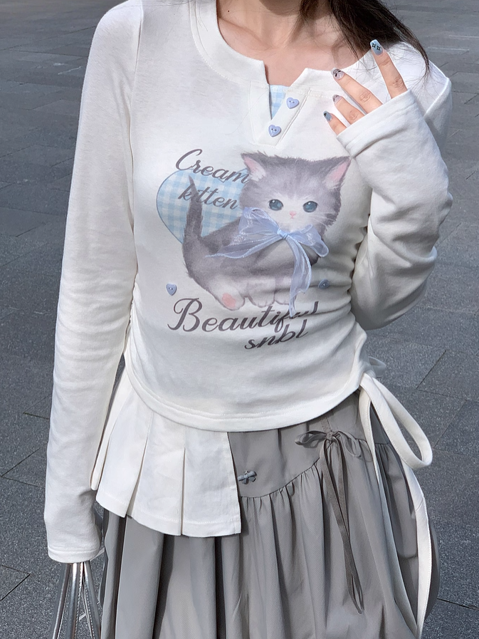 Adorable Cartoon Kitty Print Sweetheart Two-pieces Top Button Details White Faux