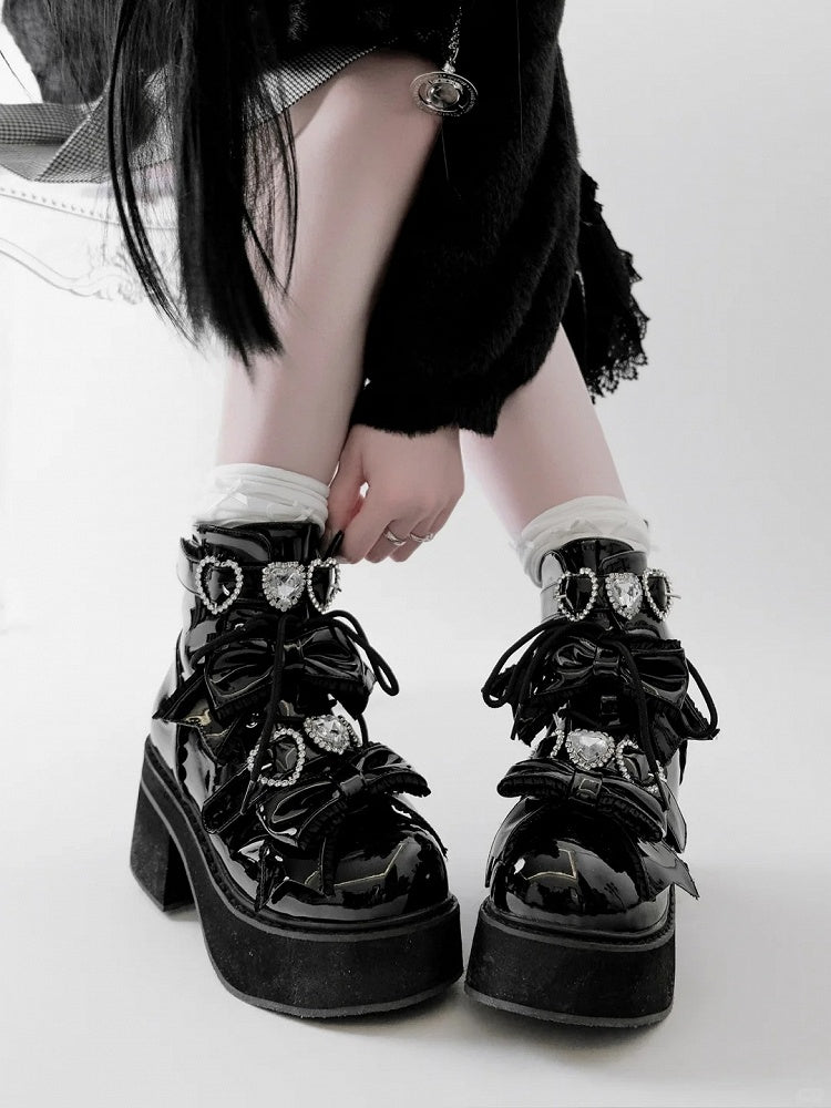 Plateau Stiefeletten Schnallen Jirai Kei Poliert und Schwarz Strass Sweetheart mit