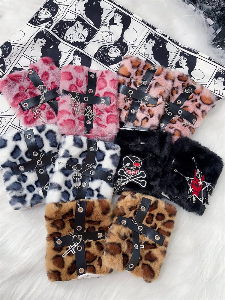Gothic Cross Charms Leopard Halbfingerhandschuhe