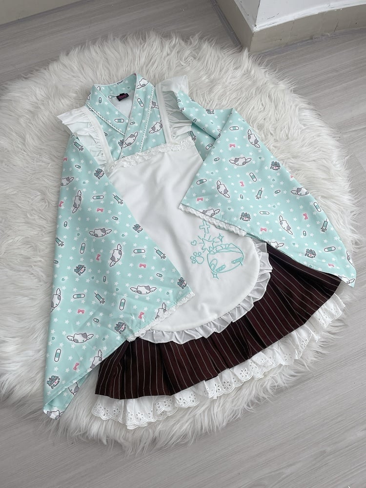 Wrap Set: 3-Piece Top Kimono Green Style Mint Maid-Inspired