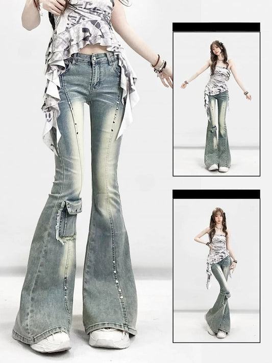Decorated Jeans Faded Cuffs Y2K Frayed Glamorous Blue Raw Flare Pocket Silhouette Wash and
