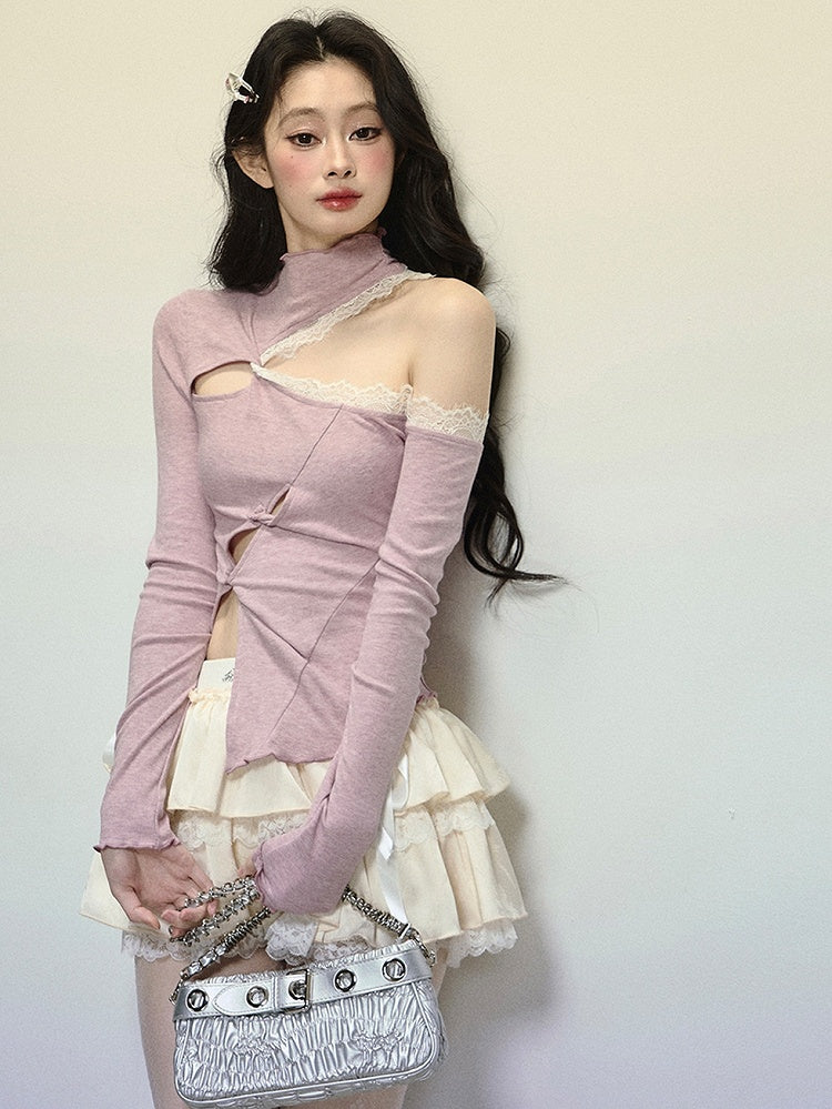 Purple Cutout Shoulder Mock Neck Top with Asymmetrical Hem