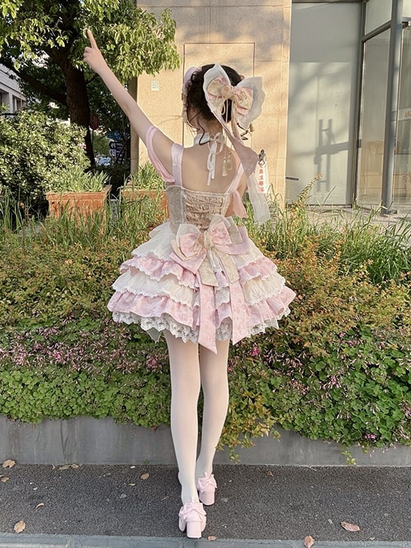 Hals Baskenkleid Taille Rosa Rock Halter Tiered Qi Abnehmbare Lolita
