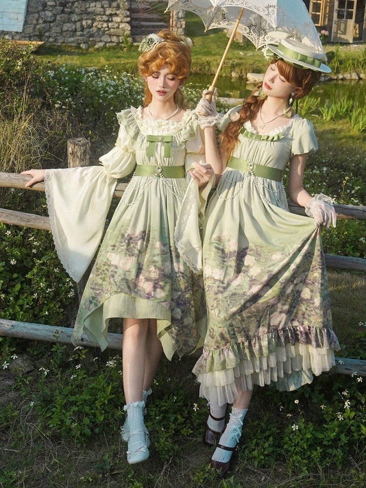 Empire Set Painting Oil Roses Lolita Elegant Green Print Waist OP Skirt