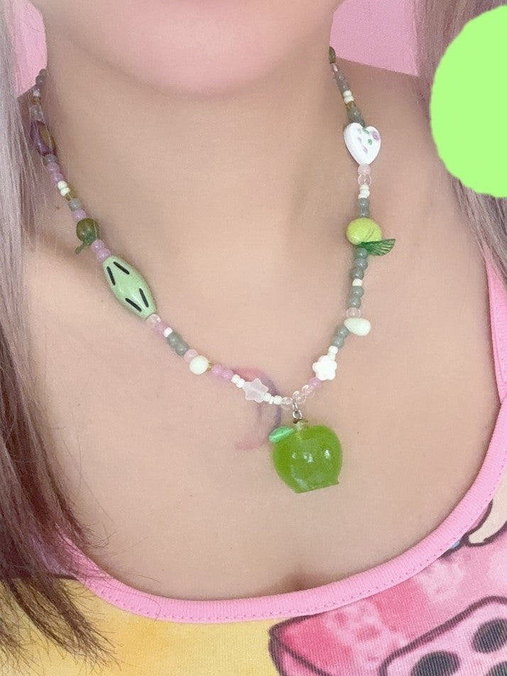 Y2K Pendant Necklace Apple Beaded Green