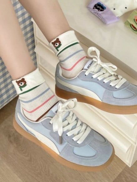 Kitty/Puppy/Bear Pattern Print Colorful Calf Socks Striped 9 Options