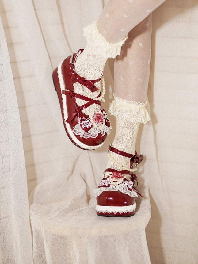 Floral at Lace Design Buckle Top Detachable With Heart Trim Chain Beaded Red Bow Platforms
