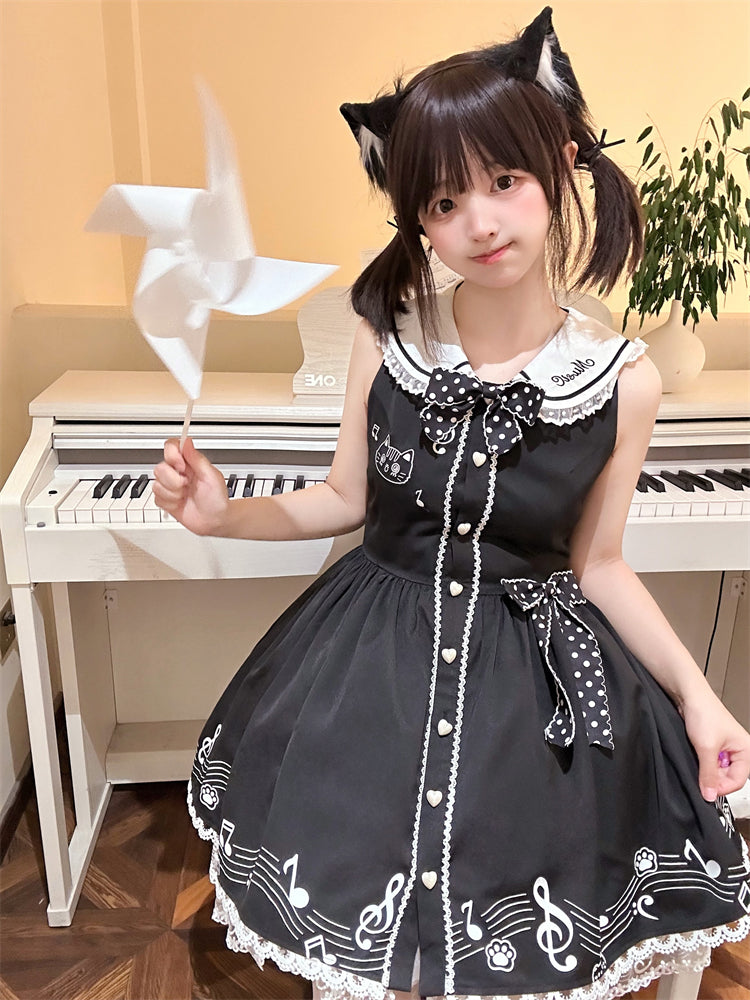 Design Sleeveless Melodic Kitty Black Sailor Collar Keyboard Dress Back