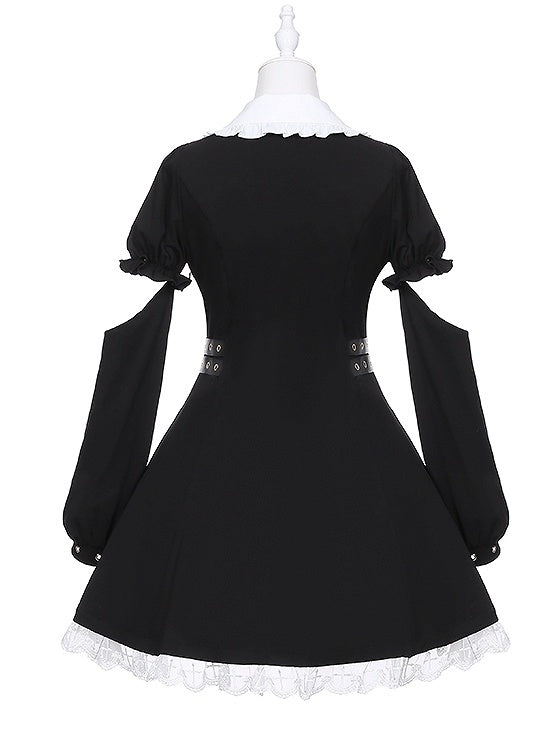 Robe noire Jirai Kei à manches détachables et bretelles à boucle à la taille, style mines terrestres