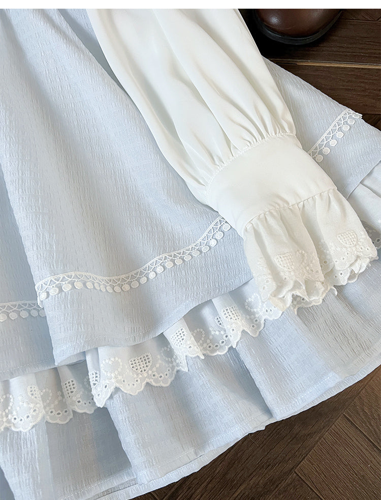 Tenshi Kaiwai - Robe Jirai Kei bleue à col claudine et bordure en dentelle à volants