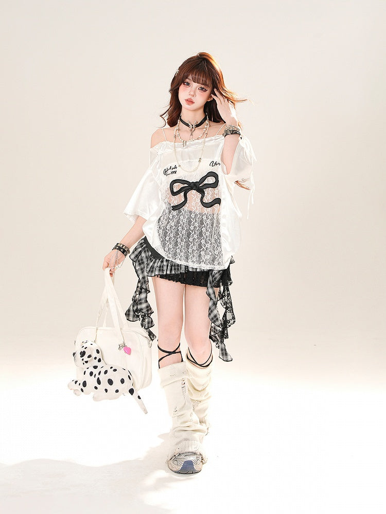 Black/White Big Off-the-shoulder T-shirt Lace Bow Patches Print Waist