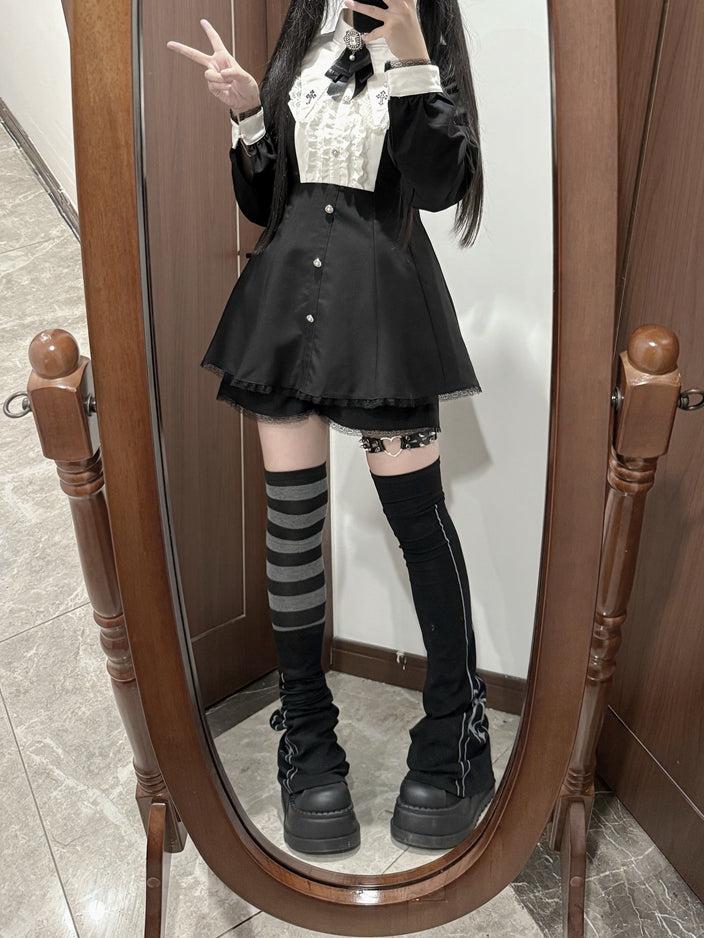 Bow Shorts Set - Cross Embroidered Pointed Flat Collar Dress + Three-piece Jirai Kei Black + Tie