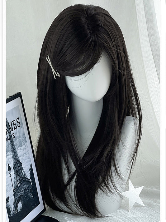 Bangs With Length Wig 60CM Black Straight Side-swept