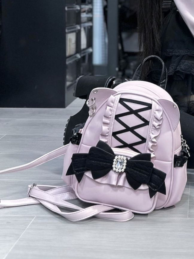 BlackPink Kei Cat Ear Backpack With Beaded and Rhinestone Bow Jirai