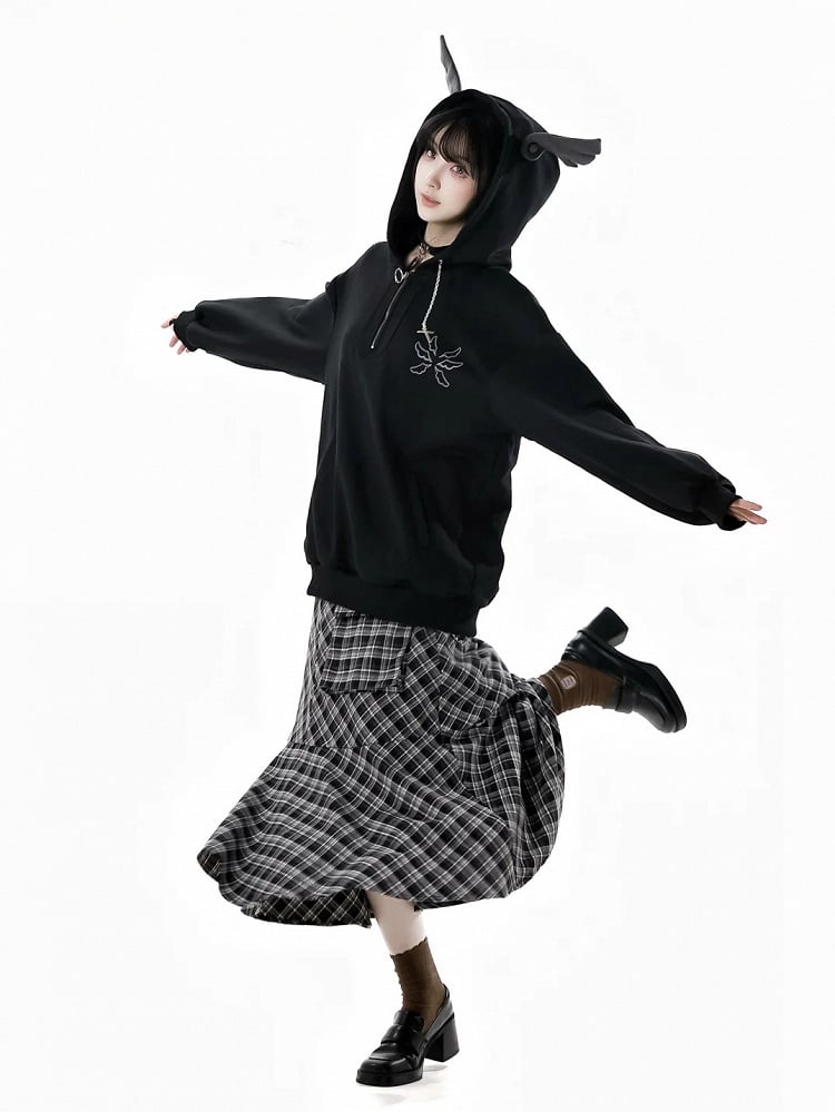 Bittersweet Chain Gray/Black Hood Design Hoodie Wing Cross Wing Embroidery Back Spring