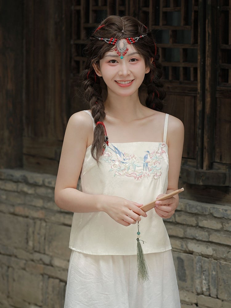 Top Bird Floral and Embroidery Apricot Cami
