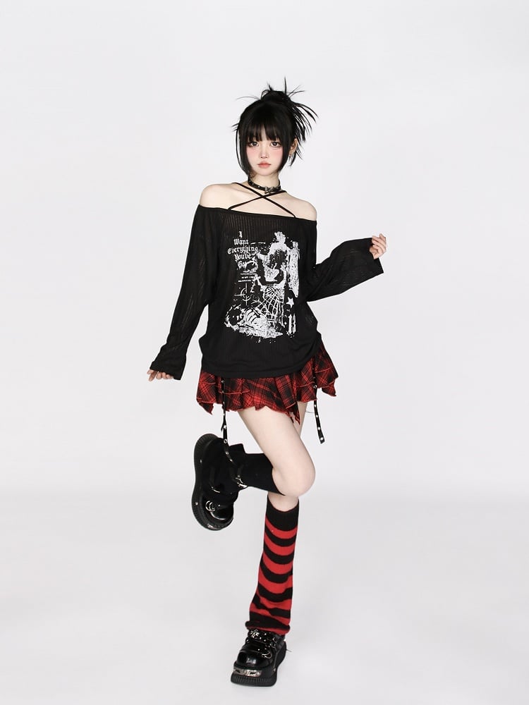 Off-Shoulder Black Knit Top with Cross Halter and Letter Print