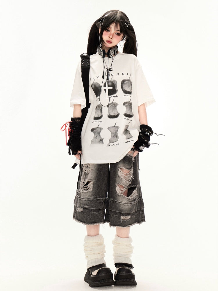 T-Shirt White Round Neck Apple Print Loose