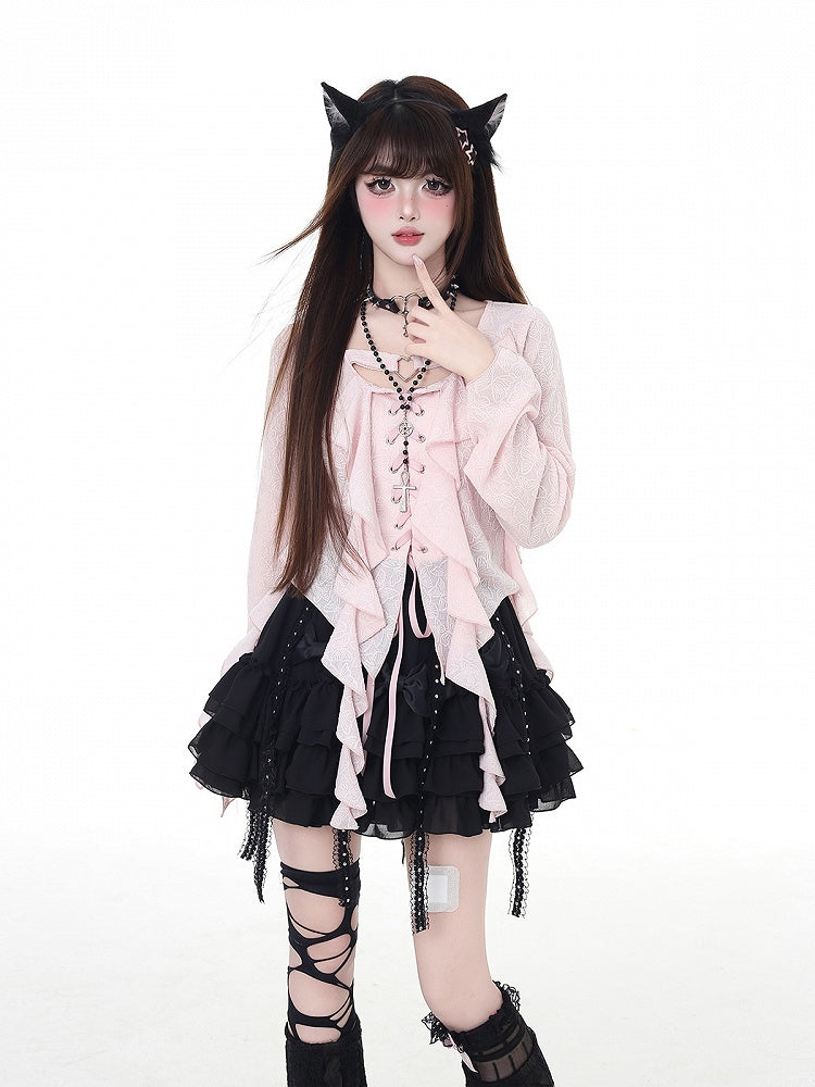 Asymmetrical Ruffled Placket Hem Chiffon Top Pink Lace-up Black/Light