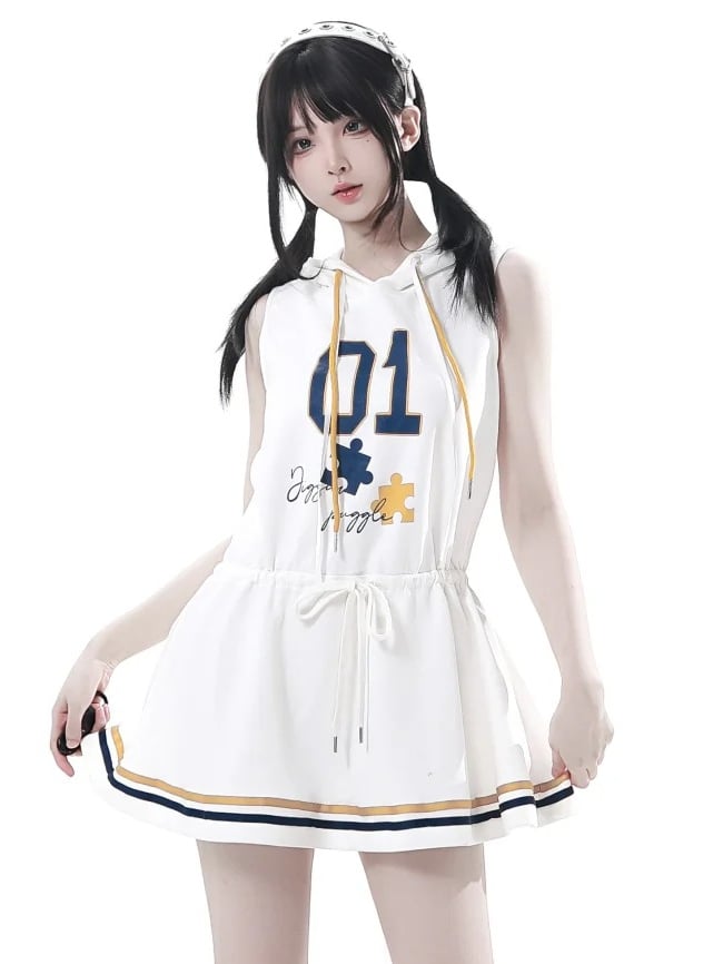 Dress with Yellow Drawstring Hem Hood,Blue Waist Striped Hoodie and Blokette Sleeveless White