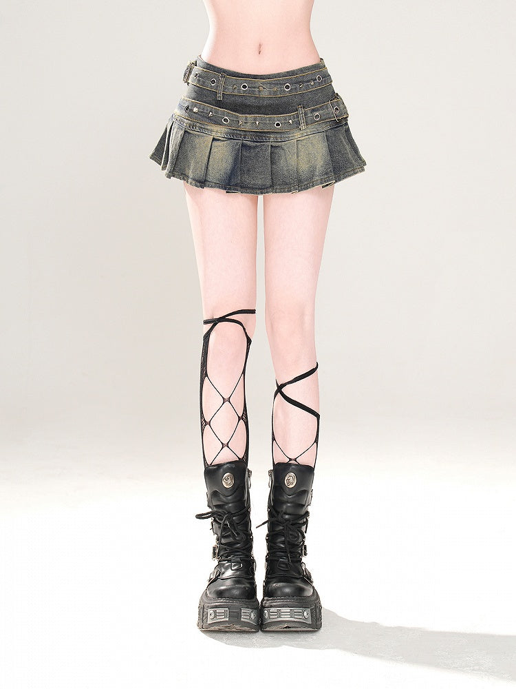 Blue Low Pleated Skirt Glamorous Waist Studded Buckle Strap Mini