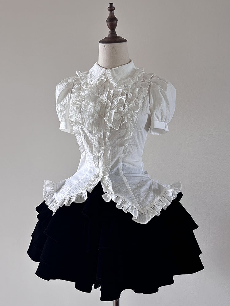 Trim Puff-Sleeve Collar White Blouse Ruffle