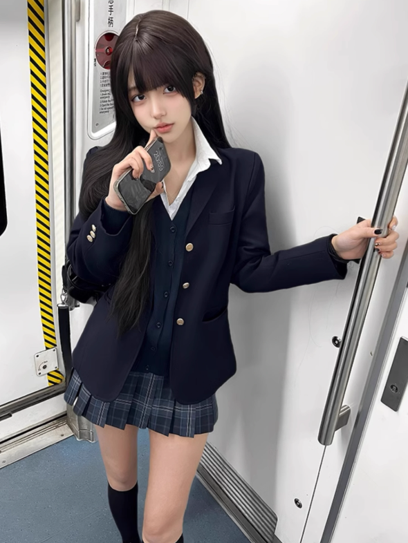 Muster Uniform Plaid Plissee JK 39CM Rock Blau
