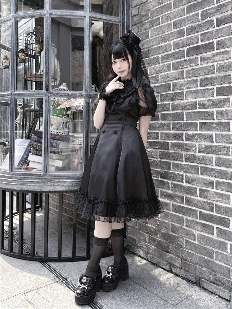 Back Bow Tie Black Ruffled Lace Trim Self-tie + Jirai Kei Chiffon Dress