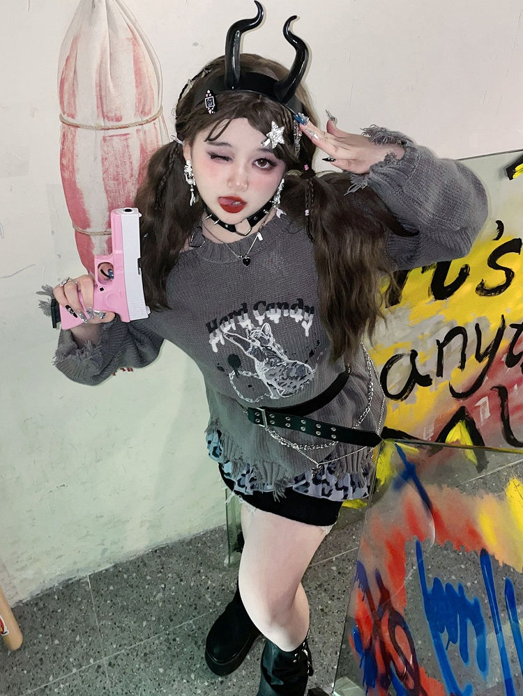 Gray Size Kitty Plus Sweater Holes Distressed