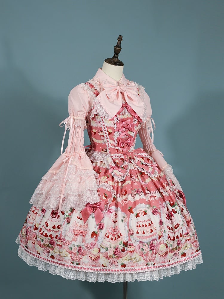 Sweet and Set Strawberry Desserts Pink Full JSK Print / Lolita