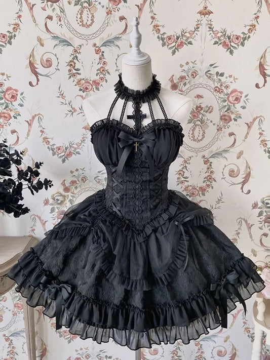 Cross Belle Schwarzes Neckholder-Korsettkleid Gothic Lolita JSK