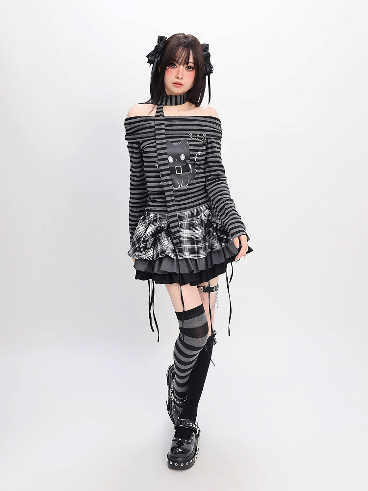 Gray Striped Top Neckline Black and Scarf with Bittersweet Kitten Print Off-the-shoulder