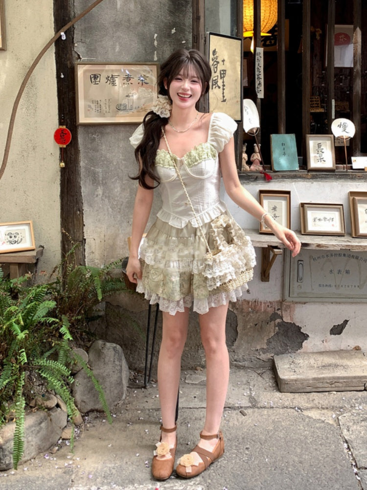Light Vintage Print Lace Trim Tiered Skirt Green Elastic Waist