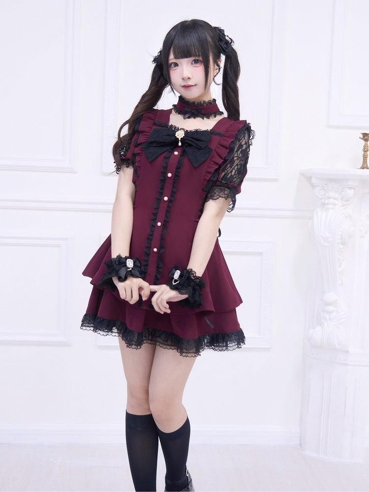 Black Trim Dress Side Kei Set: Lace-up Wine and with Red Matching Lace Mini Skirt Jirai