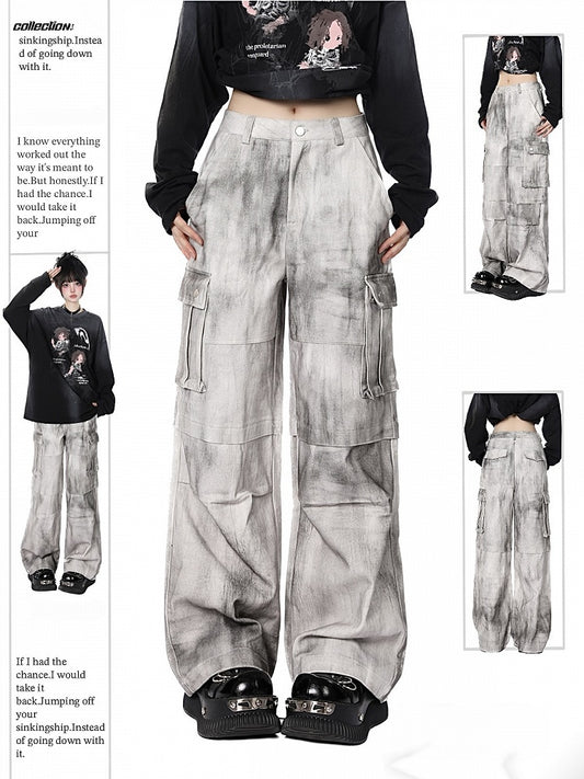 Cargo Wide-Leg Jeans with Utility Pockets White  Gray Tie-Dye