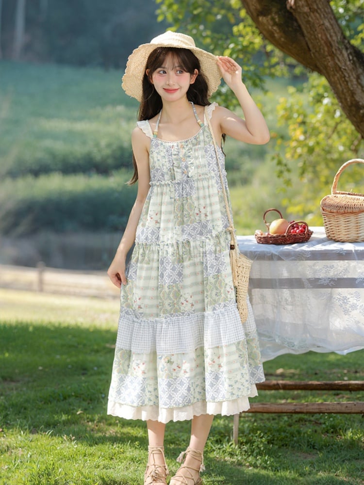 Mori Kei Green Halter Neck Patchwork Design Floral Dress